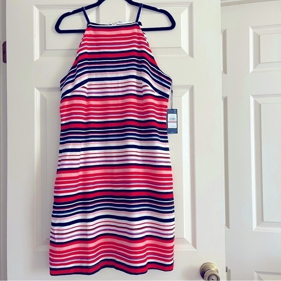 New Tommy Hilfiger Striped Linen Sundress Size 12 Sleeveless Red Navy Nautical - Picture 1 of 14
